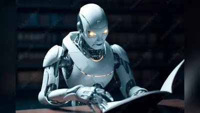 White cyborg robot is reading and learning from a book. Concept of artificial intelligence and deep learning technology, chat bot, AI language, AGI.