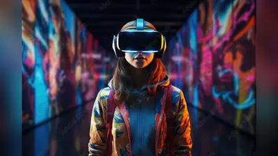 Young woman wearing VR augmented reality goggles in futuristic corridor of virtual art gallery exhibition. NFT and metaverse concept