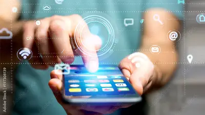 Businessman using a smartphone with a Contact icon surrounding by app and social icon – 3d render