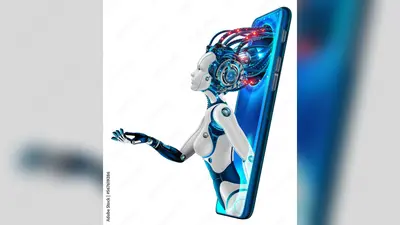 Artificial intelligence provide access to information and data in online networks via smartphone. AI in the form of woman cyborg or bot coming out of the screen phone and offers to use digital mind