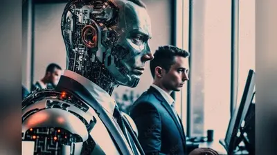 A business man working alongside an artificial intelligence cyborg in an office setting, depicting the future of work and the integration of AI in the workforce, generative ai