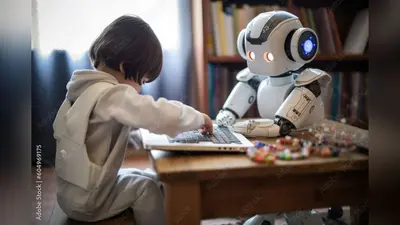 A robot helping with the homework, future of AI, children. Generative AI