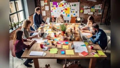 Collaborative creative business desk with a large communal table, whiteboards, and post-it notes, promoting teamwork and idea-sharing among creative professionals – Generative AI