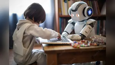 A robot helping with the homework, future of AI, children. Generative AI