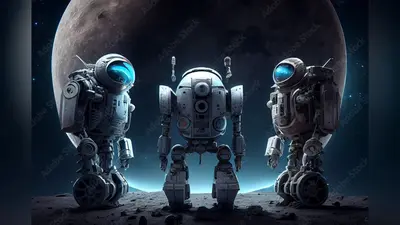 three robots in space galaxy standing on planet with moon view. futuristic robots illustration