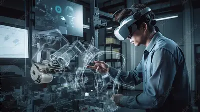 IoT Industry 4.0 concept: engineer using AI &amp; AR to monitor smart factory machinery and robotics. generative ai