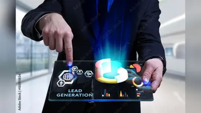 Business, Technology, Internet and network concept. Young businessman working on a virtual screen of the future and sees the inscription: Lead generation