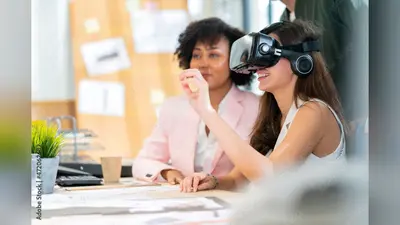 group of millennial male and female multiethnic using vr goggle to test metaverse meeting system cheerful and smiling,office friend standing discussion together next to window office background