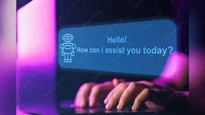 AI Chatbot assistant. Artificial intelligence robot chat with human. Close up shot of hands and laptop keyboard