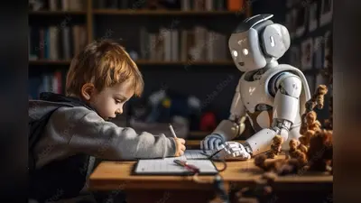 A robot helping with the homework, future of AI, children. Generative AI