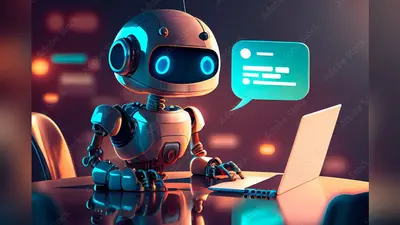 Cute Robot working with laptop and speech bubble in dark room. Generative AI