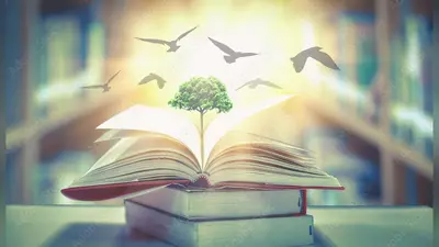 The concept of education by planting knowledge trees and birds flying to the future to open old books in the library, beautiful blurred background