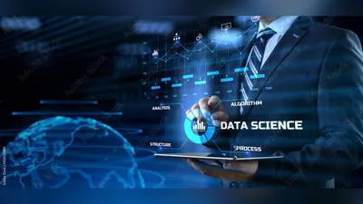Data science analytics concept. Businessman pressing button on screen.