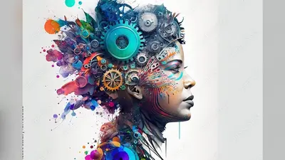 Colorful 3D illustration representing person with creative mind, gears, collage, Generative AI
