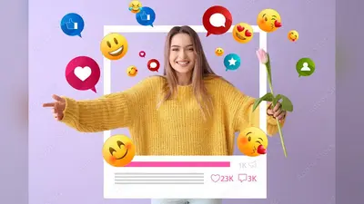 Young woman with flower on color background. Concept of social networking