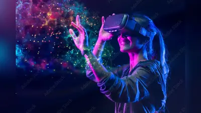 People with VR grasses playing virtual reality game. Future digital technology and 3D virtual reality simulation modern futuristic lifestyle