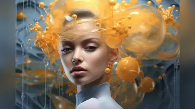 Photo artwork develop picture of adorable shiny woman covered yellow blobs smoke made with generative ai visual effect