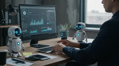 Autonomous AI agents working efficiently to enhance human productivity in a futuristic office setting.