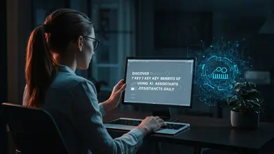 A concise and engaging description of ‘Discover 7 Key Benefits of Using AI Assistants Daily’ that summarizes its core idea in a visually compelling way.
