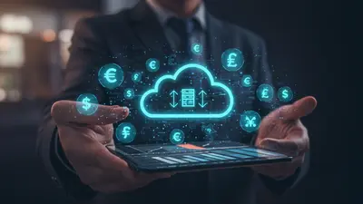 Illustrating the power of FinOps in achieving significant cloud cost savings, with financial charts and cloud infrastructure elements converging.
