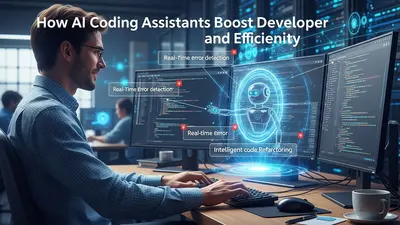 A visual depiction of an AI coding assistant seamlessly integrated into a developer’s workflow, showcasing how artificial intelligence enhances productivity and coding efficiency.