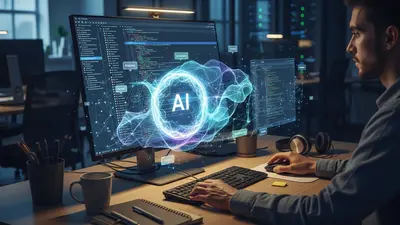 A futuristic visual demonstrating how AI coding assistants enhance developer productivity, symbolizing faster and more efficient software development.