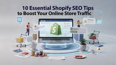 Illustration of an optimized Shopify store showing increased traffic and search engine rankings.