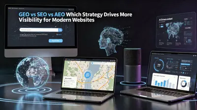 A visual comparison of GEO SEO and AEO strategies showing how each impacts website visibility in the digital landscape.