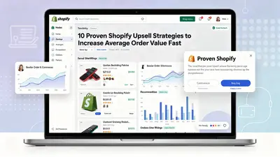 Visual overview of Shopify upsell strategies using data dashboards, product recommendations, and ecommerce growth indicators.