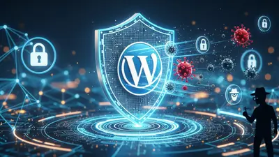 A digital shield guards a WordPress logo against cyber threats, symbolizing strong website security.