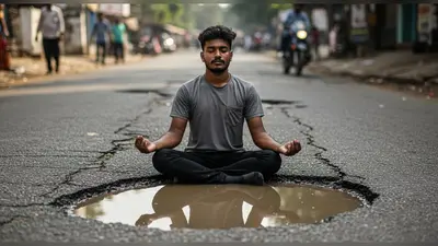 गड्ढे में बैठकर किया योग, फिर 6 घंटे में सुधर गई सड़क: युवक का अनोखा विरोध वायरल!