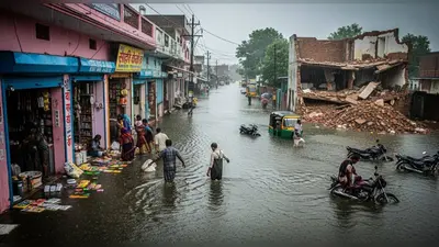 बदायूं में बारिश का तांडव: सड़कें डूबीं, दुकानों में पानी भरा; उसहैत में दो मकान ढहे