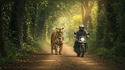 बाल-बाल बचा बाइक सवार: जंगल के रास्ते में सामने आया बाघ, दिल दहला देने वाला वीडियो वायरल!