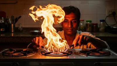 गैस चूल्हा ठीक करते समय भभकी आग, शख्स ने अनोखे अंदाज में किया काबू!