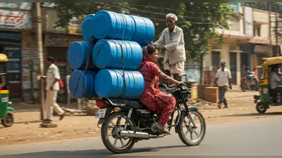 बाइक पर ड्रम ढोने का अनोखा तरीका: महिला ने बूढ़े शख्स को बैठाकर लादे नीले ड्रम, वीडियो देखकर लोग हैरान!