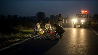 अमरोहा हाईवे पर दर्दनाक हादसा: वाहन की टक्कर से जख्मी तेंदुआ 15 मिनट में मरा
