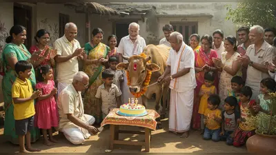 औरैया में गाय का अनोखा जन्मदिन: केक काटकर मना जश्न, बुजुर्गों से बच्चों तक सब हुए शामिल