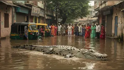 जलमग्न सड़कों पर घूमता दिखा विशालकाय मगरमच्छ, उत्तर प्रदेश में दहशत और हैरत का माहौल; वन विभाग ने सुरक्षित रेस्क्यू किया