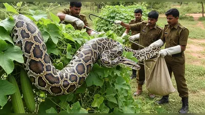 लखीमपुर खीरी: तोरई की झाड़ पर लिपटा मिला 15 फीट का अजगर, वन विभाग ने सुरक्षित पकड़ा; वायरल हुआ वीडियो