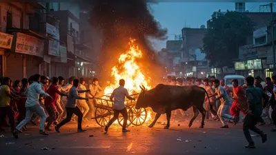 यूपी में बेकाबू सांडों का कहर: ठेला पलटा, लगी भीषण आग, दहशत में भागे लोग
