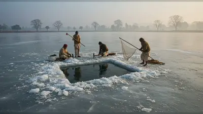 जमे तालाब में मछली पकड़ने का अनोखा देसी तरीका: बर्फ काटी, जाल डाला और फिर जो हुआ, वीडियो देख हैरान हैं लोग!