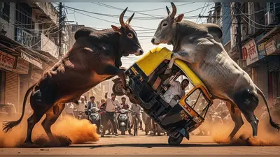 सड़क पर सांडों का ‘WWE’! बीच में आए ऑटो रिक्शा को उठा-उठाकर पटका, वीडियो हुआ वायरल