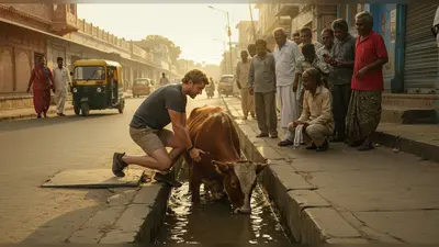 भारत घूमने आया विदेशी, नाले में फंसी गाय को बचाया, जीत लिया सबका दिल