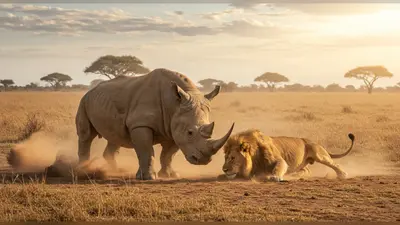 गैंडे की एक टक्कर: जंगल के राजा शेर की बादशाहत हुई तार-तार, वीडियो वायरल!