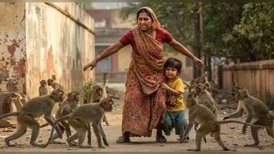 बंदरों ने बच्चे पर किया हमला, आंटी की बहादुरी देख आप भी करेंगे तारीफ!