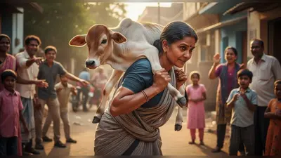 आंटी ने बछड़े को पीठ पर उठाकर दिखाई गज़ब की ताकत, वायरल वीडियो देख लोग हुए हैरान!