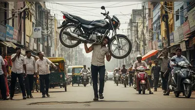 हैरान करने वाला नज़ारा: बीच सड़क पर शख्स ने कंधे पर उठाई बाइक, वीडियो हुआ वायरल