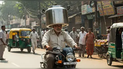 गजब का जुगाड़! हेलमेट न मिलने पर शख्स ने सिर पर पहनी ऐसी चीज़ कि वीडियो हो गया वायरल, लोग बोलें – ‘देसी इंजीनियर’!